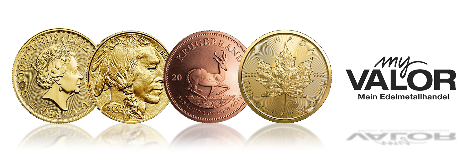 Vier bekannte Goldmünzen, darunter Krügerrand und Maple Leaf, mit dem Logo von myVALOR – Mein Edelmetallhandel.
