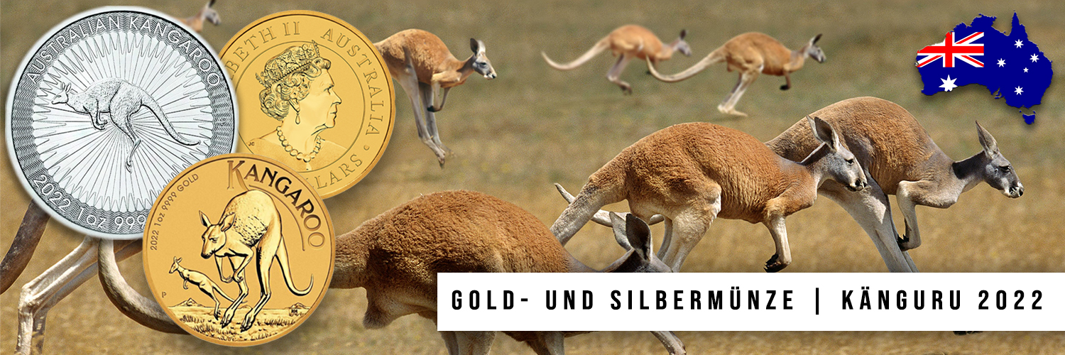 Australische Kängurus im Hintergrund mit Gold- und Silbermünzen mit Känguru-Motiven im Vordergrund, daneben die Flagge Australiens und der Text ‚Gold- und Silbermünze | Känguru 2022‘.