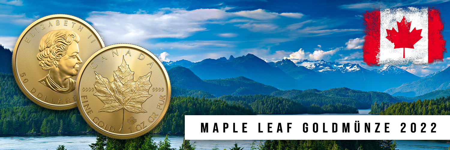 Zwei goldene Maple Leaf Münzen mit dem Porträt von Königin Elizabeth II. und einem Ahornblatt, im Hintergrund eine Berglandschaft mit kanadischer Flagge und dem Text ‚Maple Leaf Goldmünze 2022‘.