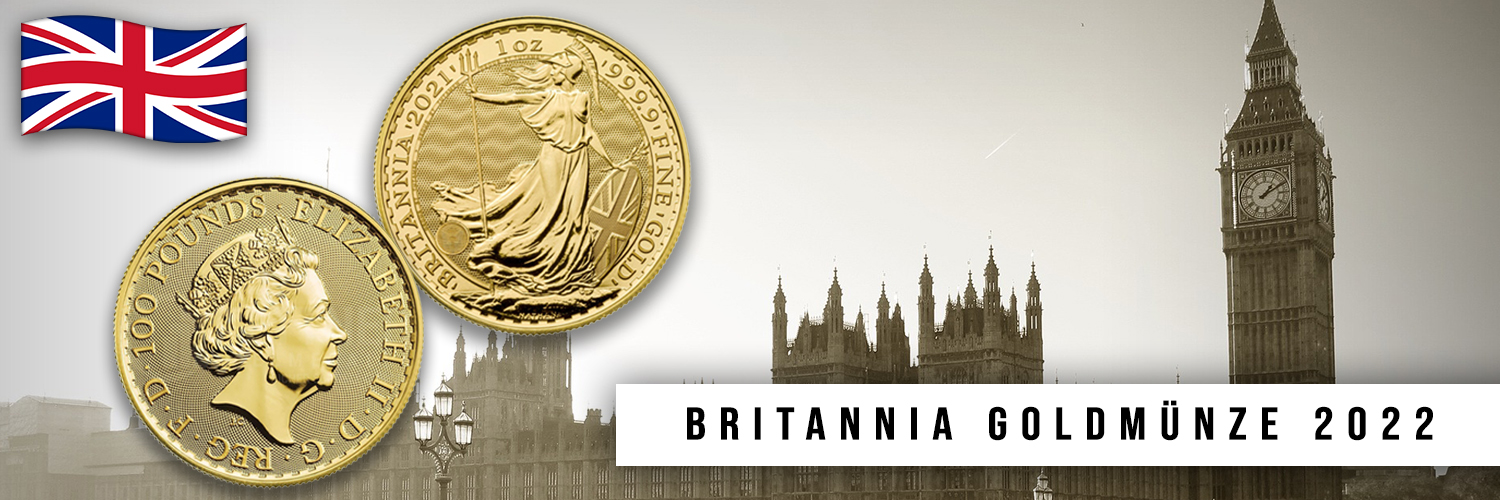 Goldmünzen mit dem Abbild von Königin Elizabeth II. und der Britannia-Figur, im Hintergrund der Big Ben und die britische Flagge mit dem Text ‚Britannia Goldmünze 2022‘