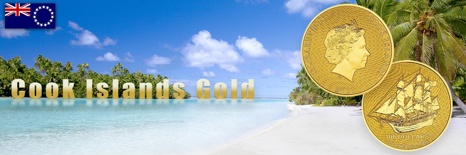 Zwei goldene Münzen im Vordergrund: Links das Porträt von Königin Elizabeth II., rechts ein Schiff mit der Aufschrift '100 Dollars'. Im Hintergrund ist ein tropischer Strand mit Palmen und klarem Wasser zu sehen, beschriftet mit 'Cook Islands Gold'.