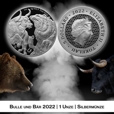 Zwei Silbermünzen mit gravierten Motiven eines Bullen und Bären auf der Vorderseite und dem Porträt von Königin Elizabeth der Zweiten auf der Rückseite. Die Münzen erscheinen vor einem nebligen Hintergrund, auf dem Sich ein Bär und ein Bulle gegenüberstehen.