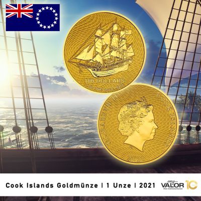 Zwei Goldmünzen mit dem Motiv eines Segelschiffs auf der Vorderseite. Die Rückseite zeigt das Porträt von Königin Elizabeth II.