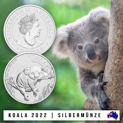 Zwei Münzen mit einem Koala-Motiv auf der Vorderseite und  dem Porträt von Königin Elizabeth der Zweiten auf der Rückseite. Daneben ist ein Foto eines Koalas zu sehen