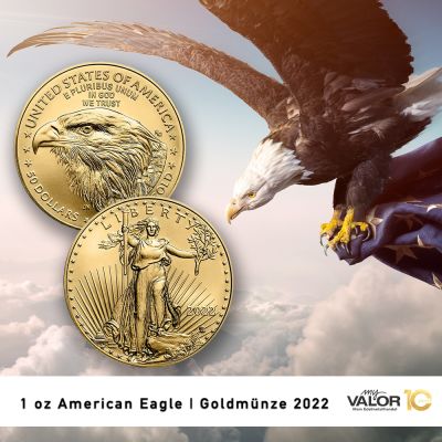 Zwei Goldmünzen mit dem Motiv der „Liberty“ auf der Vorderseite. Die Rückseite zeigt einen Adlerkopf. Im Hintergrund ist ein Adler mit ausgebreiteten Flügeln zu sehen.