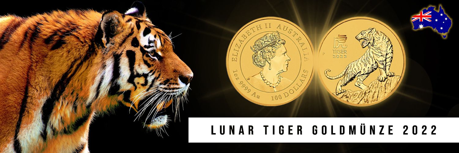Ein Tiger neben zwei australischen Goldmünzen mit Tiger-Motiven und dem Porträt von Königin Elizabeth II., rechts oben die australische Flagge und der Text ‚Lunar Tiger Goldmünze 2022‘.